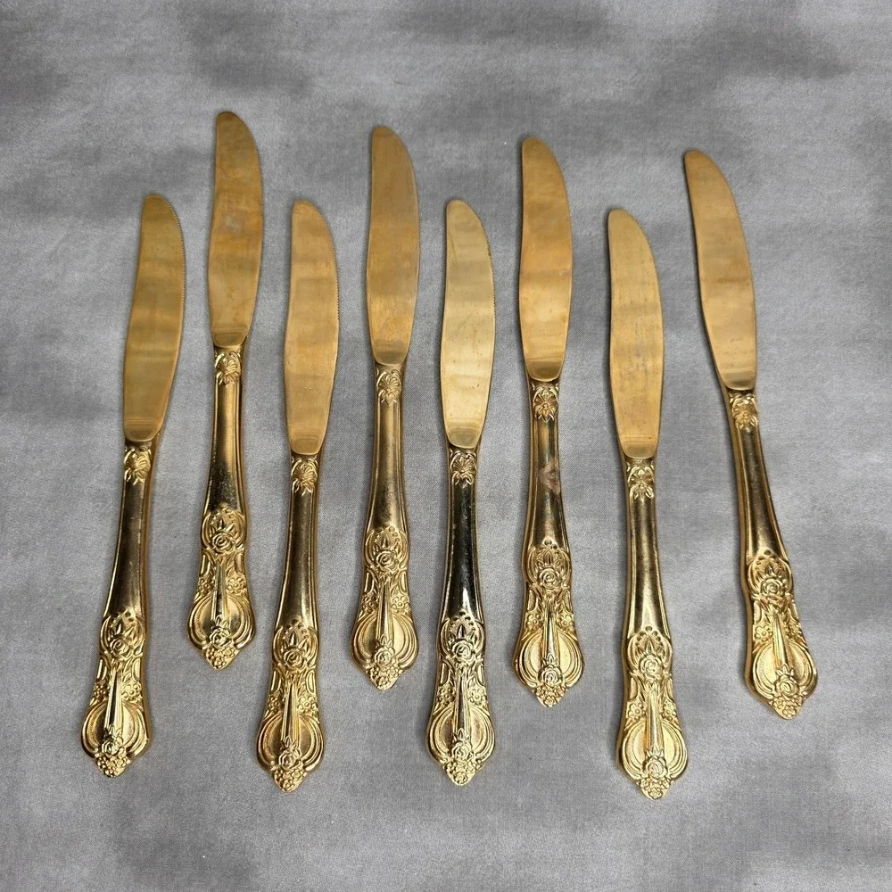 (X8) Hanford Forge Princeton Gold Electroplate Dinner Knives 8.5